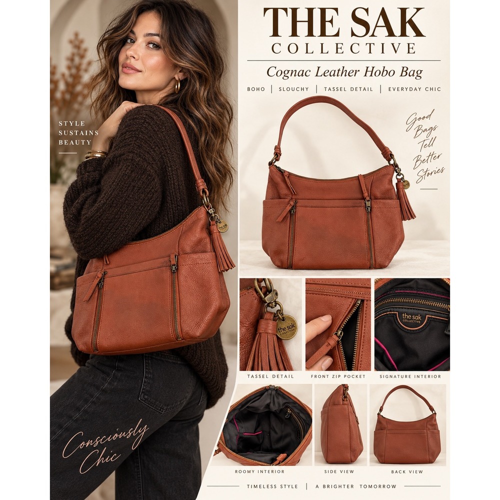 The Sak Collective Cognac Leather Hobo Bag Slouchy Boho Tassel Shoulder Purse